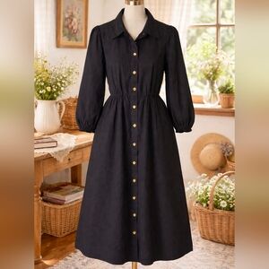 Sunny Girl Navy Button-Front Long Sleeved Midi Dress